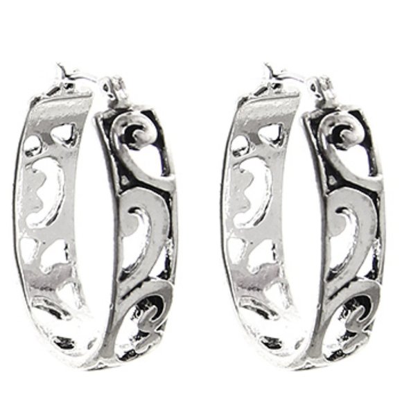 Silver Oval Hoop Earrings Open Swirl Design Designer Look New - Picture 2 of 4